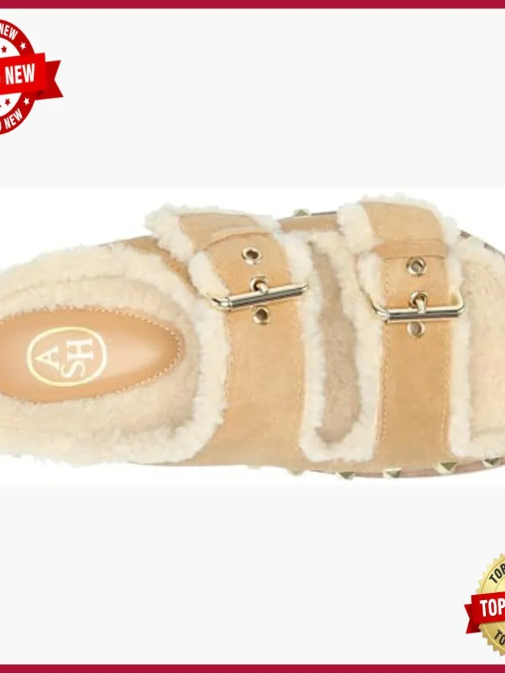 Suede Slide Sandals with Faux Fur Lining, Double Buckle, Studded Trim, Flat